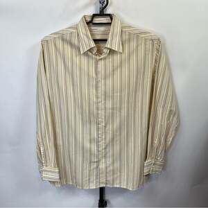 Perry Ellis Yellow Brown White Striped Dress Shirt Size XL Men’s